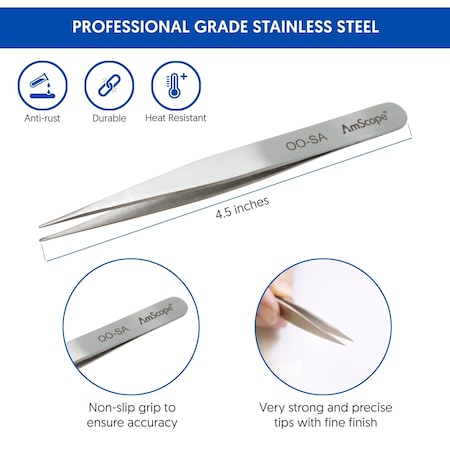 Amscope High Precision 4 1/2 in. Straight Flat Edge Tweezers TW-032-05PK